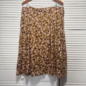 Who What Wear Pleated Floral Skirt Midi Linen Blend Tan Brown Size 16
